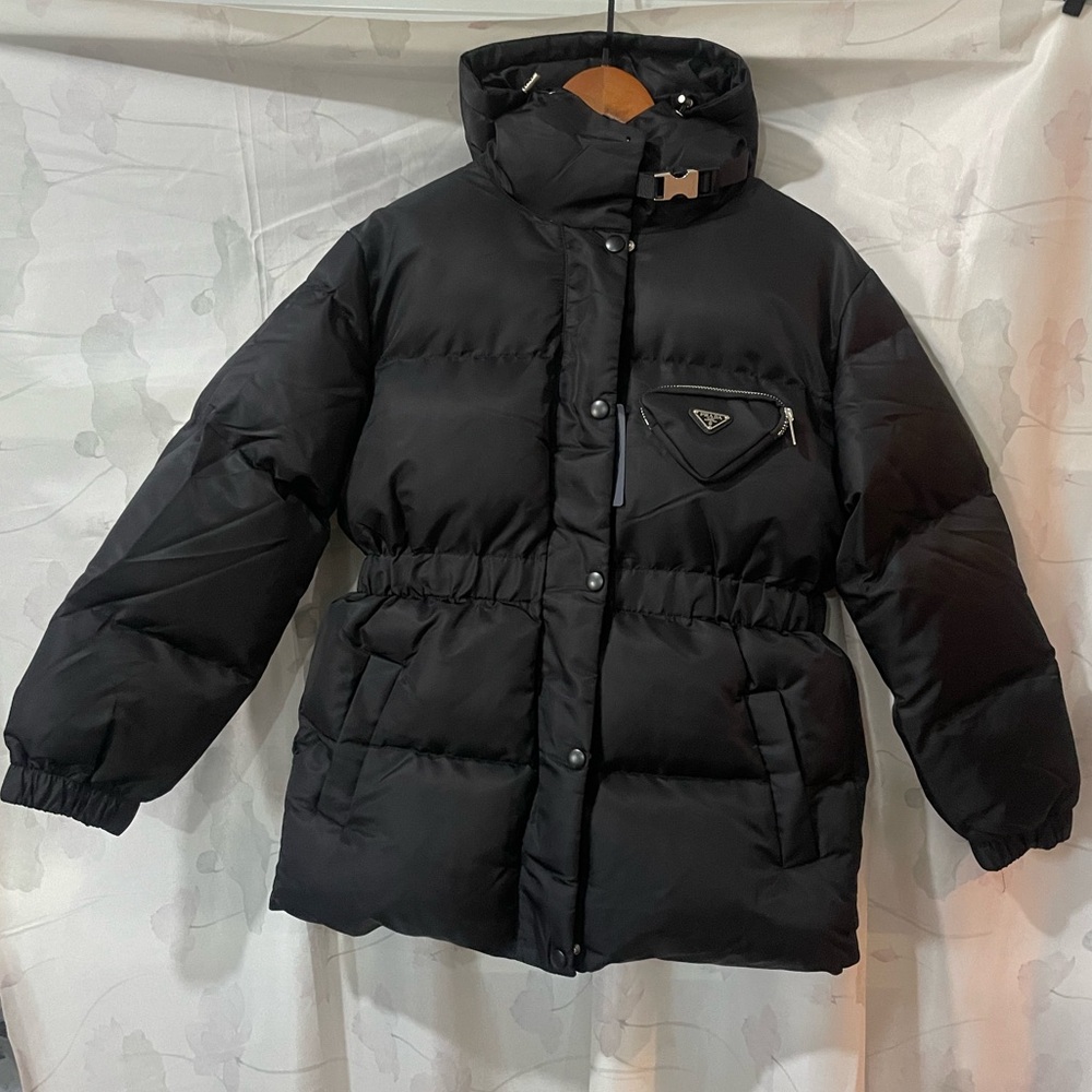 Prada Black Hooded Quilted Puffer Jacket with Logo Pocket